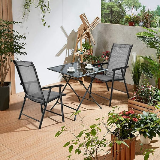 S AFSTAR Patio Chairs Set of 2, Outdoor Foldable Sling Chairs with Armrests, Folding Outdoor Chairs for Lawn Garden Backyard Poolside Porch (Gray)