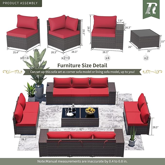 16 Pieces Outdoor Patio Furniture Set Outdoor Furniture Patio Sectional Sofa Conversation Sets w/ETL Approved 45" Gas Fire Table & Coffee Table, Swivel Rocking Chair Red.