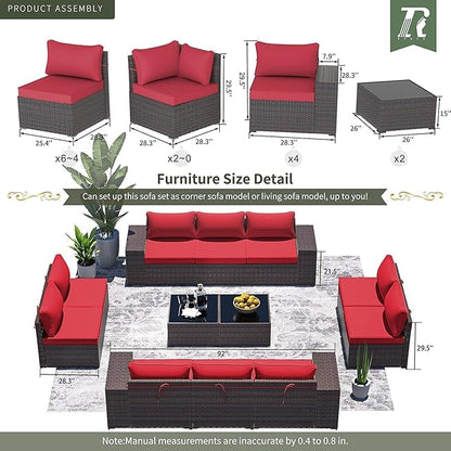 16 Pieces Outdoor Patio Furniture Set Outdoor Furniture Patio Sectional Sofa Conversation Sets w/ETL Approved 45" Gas Fire Table & Coffee Table, Swivel Rocking Chair Red.