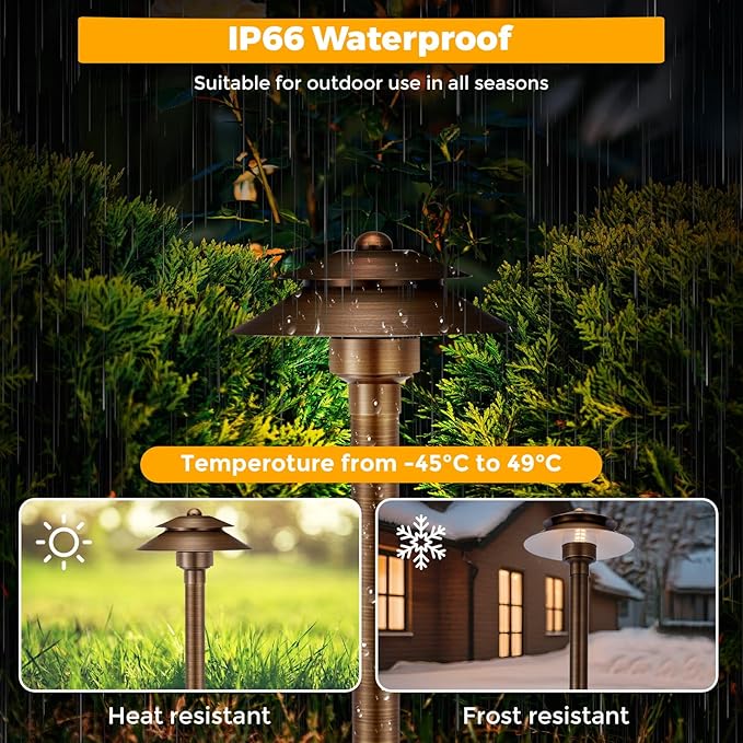 Gardencoin Solid Brass Low Voltage Landscape Pathway Lights (6'' Shade 2-Tier, 19'' Tall), 12V AC/DC LED Heavy Duty Path Lighting Outdoor Wired, Waterproof Bronze Walkway Light Without G4 Bulb, 4 Pack
