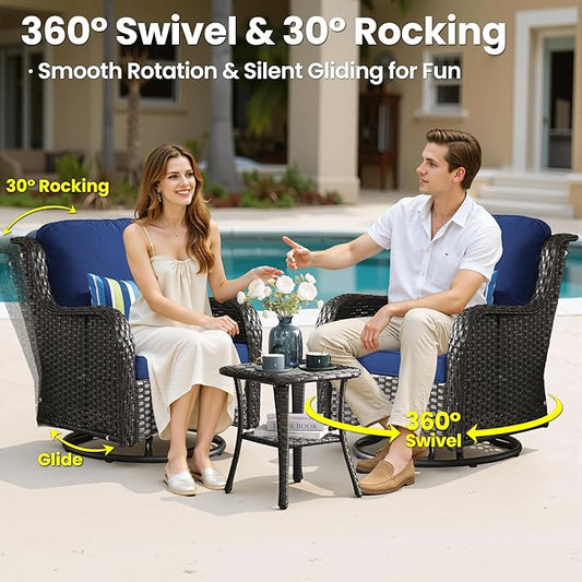ovios 6 Pieces Patio Furniture Set, Outdoor Wicker Sofa Couch with Swivel Chairs Ottomans Comfy Cushions, High Back All Weather Modern Conversation Sets, Brown Rattan, Navy Blue