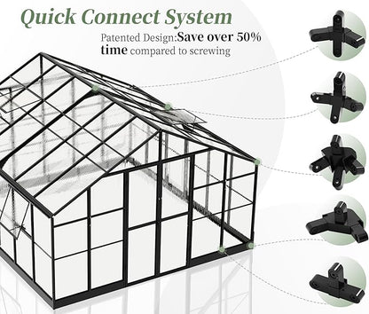 Jocisland 12x13.5x9 Polycarbonate Outdoor Aluminum Greenhouse - Quick Connect Fittings, 6.7 FT Height Bronze Double Doors, 4 Ventilation, Walk In Backyard Garden Greenhouse