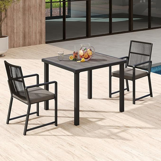3 Pieces Aluminum Outdoor Dinning Set Featuring 1 Tables and 2 Ratten Chairs Waterproof and Rust-Proof Courtyard Style Table Garden/Balcony/Poolside, Black 3Pcs