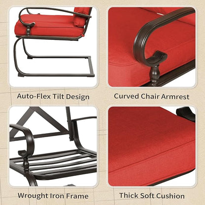 7-Piece Outdoor Metal Furniture Sets Patio Conversation Set, Wrought Iron Loveseat, 2 Dining Chairs, 2 Spring Chairs and Coffee Table, Red