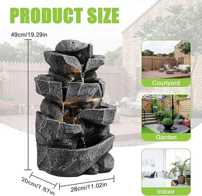 Outdoor 5-Tiers Cascading Rock Water Fountain, Waterfall Fountain with LED Lights, Outdoor Fountains and Waterfalls for Garden or Patio, Yard, and Deck Decor with Natural Stone Look