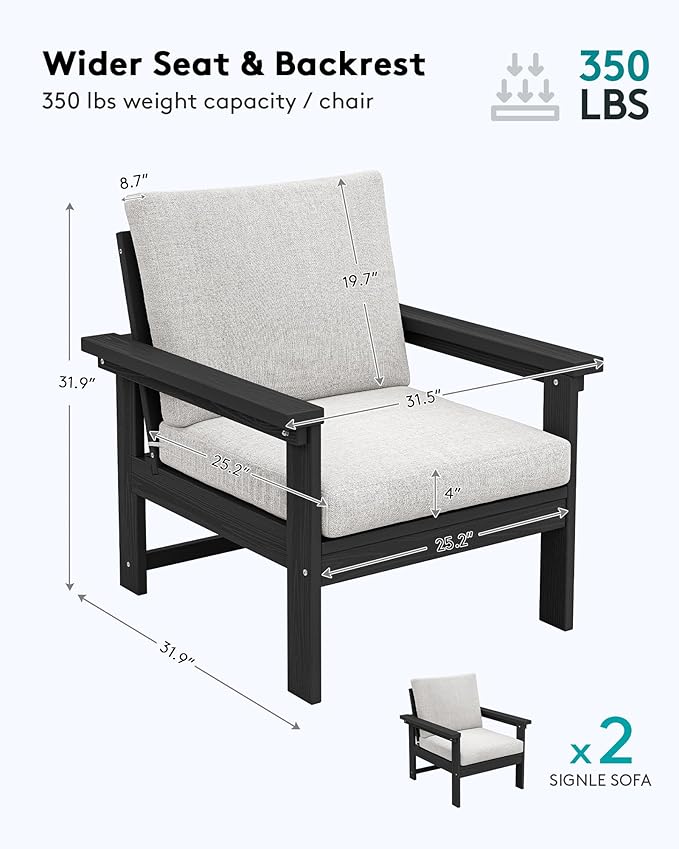 SERWALL Outdoor Patio Sofa Set, 2-Piece HDPE Single Seat Outdoor Sofa Chair with Padded Cushions, Black Frame with Beige Cushion