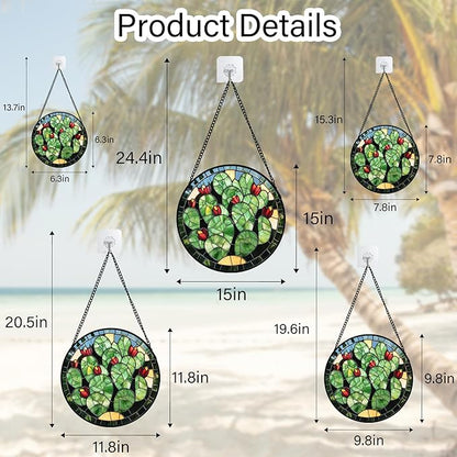 Stained Glass Window Hanging - Green Cactus Suncatcher for Doors Garden Patio Retro Plants Sun Catchers Decor Christmas Mother's Day Birthday Gifts for Women Men Mom Nana Friend 15 in