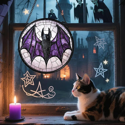 Stained Glass Window Hanging - Halloween Black Bat Purple Wings Monster Suncatcher for Doors Garden Home Spooky Sun Catchers Gothic Decor Horror Gift for Women Men Friend Boy Girl 15 in