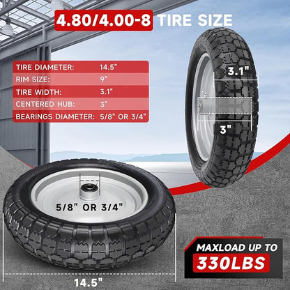 4.80/4.00-8 Tire, 14.5" Flat Free Wheelbarrow Tire and Wheel, 5/8" 3/4" Bearings Solid Replacement Tires, 3" -7" Centered Hub, Universal Fit 4.80/4.00-8, 3.50/3.00-8, 4.00-6, 2 Pack