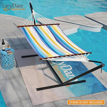Lazy Daze Hammocks Cotton Fabric Spreader Bar Hammock, Outdoor Portable Hammock with Carrying Bag & Tree Straps for Bedroom, Patio, Backyard, Balcony, Max 450lbs Capacity, Blue & Yellow