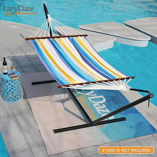 Lazy Daze Hammocks Cotton Fabric Spreader Bar Hammock, Outdoor Portable Hammock with Carrying Bag & Tree Straps for Bedroom, Patio, Backyard, Balcony, Max 450lbs Capacity, Blue & Yellow