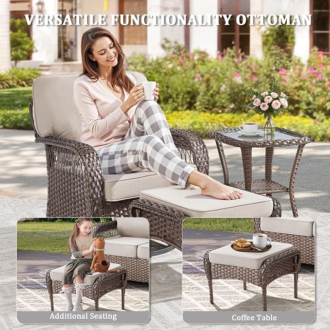 10 Pieces Patio Furniture Set Outdoor Sectional Sofa Couch with Rocking Swivel Chairs 5" Deep Seat Chairs, Modern Wicker Rattan Conversation Set, Beige/Brown Wicker