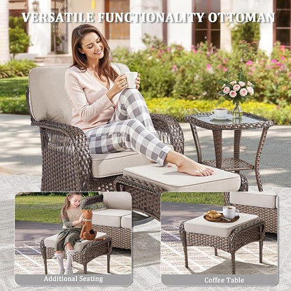 10 Pieces Patio Furniture Set Outdoor Sectional Sofa Couch with Rocking Swivel Chairs 5" Deep Seat Chairs, Modern Wicker Rattan Conversation Set, Beige/Brown Wicker