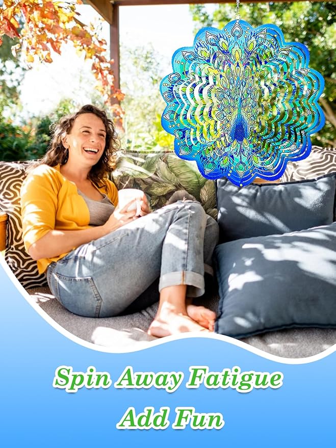 Peacock Wind Spinners Outdoor Hanging Decor - 12 Inch Peacock Garden Decor for Outside, 3D Stainless Steel Metal Wind Spinners, Yard Decorations Outdoor Gardening Gifts for Women