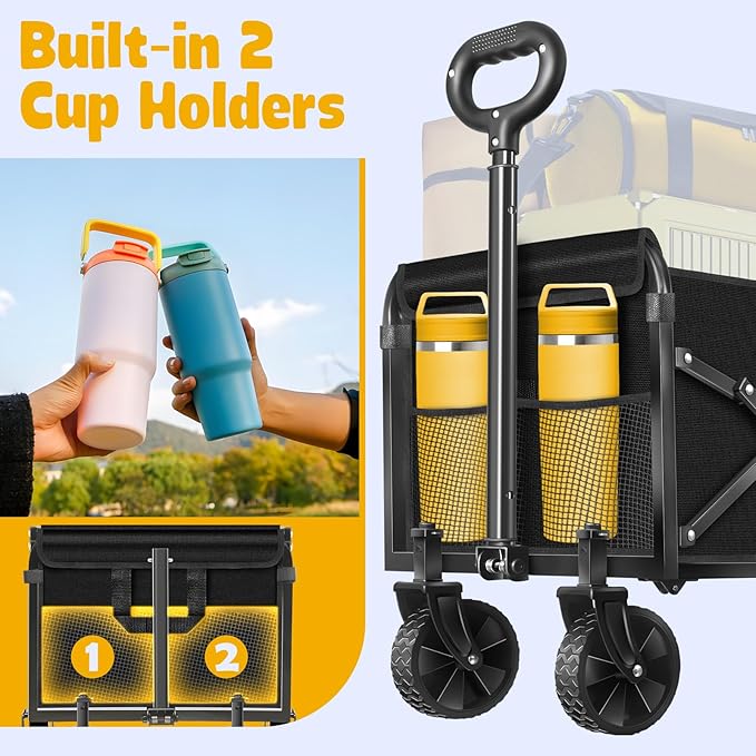 Wagon Cart Foldable, 360Lbs Collapsible Wagon Cart with Wheels Portable, Outdoor Utility Carts for Groceries, Camping, Sports, Garden, Shopping, Black