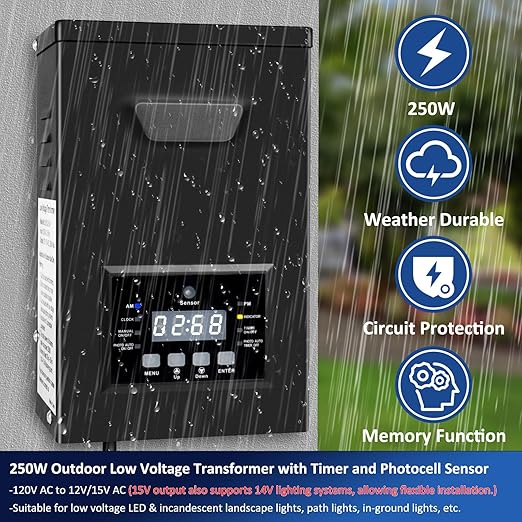 250W Low Voltage Landscape Transformer, 120V AC to 12V/15V(14V) AC Landscape Lighting Transformer with Photocell Sensor & Timer, Weatherproof Outdoor Transformer for Landscape Lighting,Spotlight