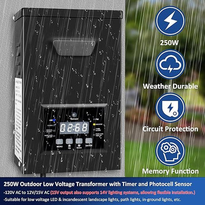 250W Low Voltage Landscape Transformer, 120V AC to 12V/15V(14V) AC Landscape Lighting Transformer with Photocell Sensor & Timer, Weatherproof Outdoor Transformer for Landscape Lighting,Spotlight