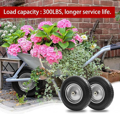 16" Flat Free Wheelbarrow Tires,4.80/4.00-8"Flat-Free Solid Tire with 3" Centered Hub,5/8" & 3/4" Bearing For Wheel Barrow Garden Utility Cart Lawn Mover Replacemen(2 Pack)