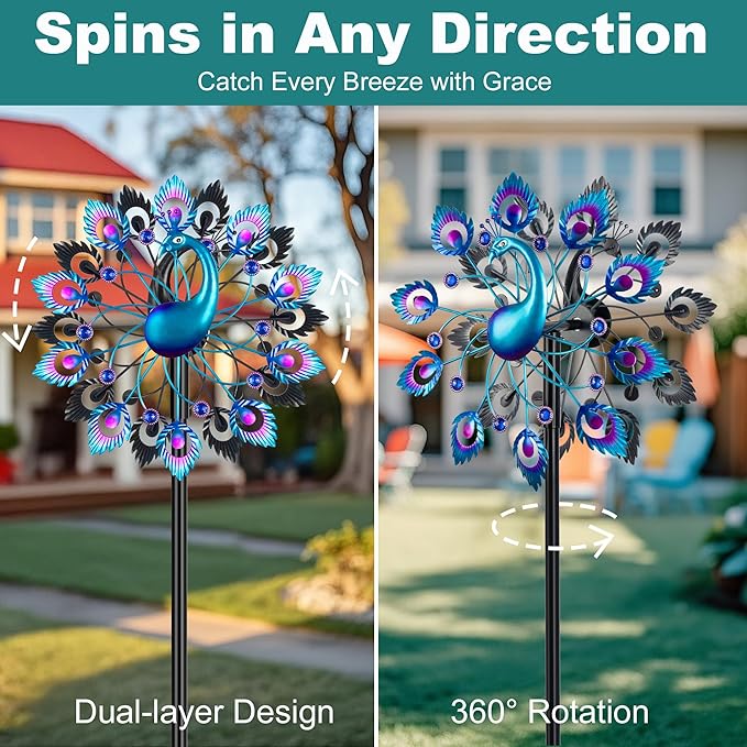 Wind Spinners Garden Decor for Outside, 13 Inches 360°Peacocks Windmill for Yard Decorations Outdoor, Metal Yard Art Wind Sculptures Garden Gifts for Women, Backyard, Patio, Lawn Ornament