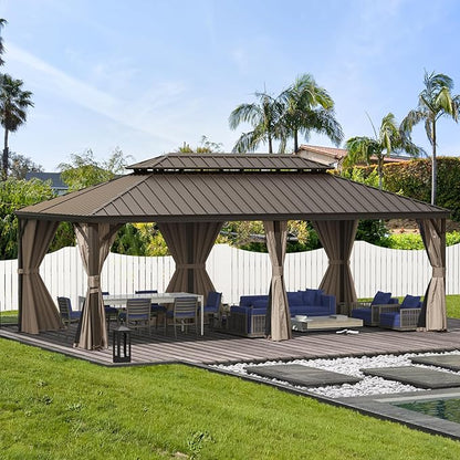 Domi 14'x24' Hardtop Gazebo Canopy,Outdoor Aluminum Gazebo with Galvanized Steel Double Roof,Large Permanent Gazebo Pavilion for Patio Deck Backyard,Curtain and Netting, Dark Brown