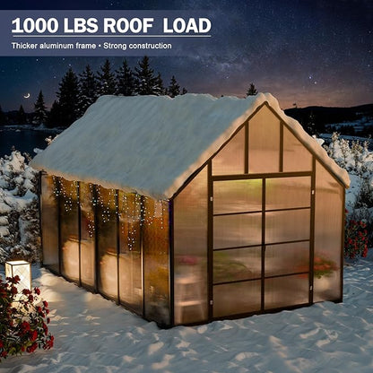 Outdoor Polycarbonate Greenhouse 12x10x10 FT Aluminum Frame Transparent Panels Heavy Duty Green House Kit with Windows Vents Door for Backyard Garden, Large Outsides Walk in Plant Greenhouses,Black