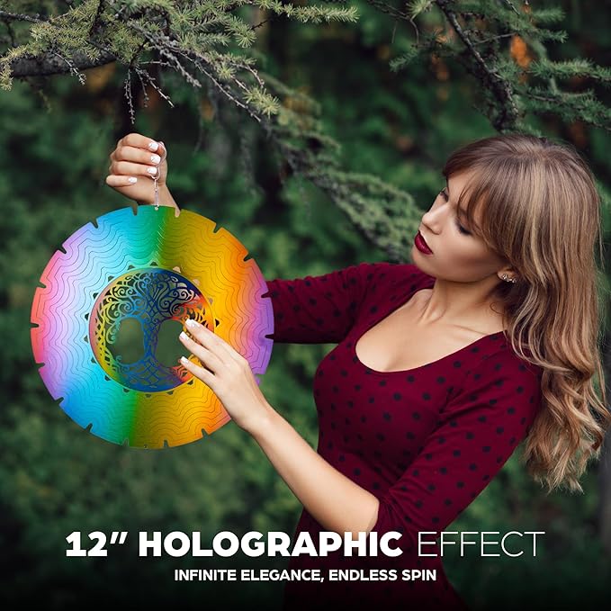Skylar Tree of Life Wind Spinner, Stainless-Steel Garden Decor, 3D Wind Charm with Holographic Effect, Unique 12-Inch Sun Catcher, Foldable Ornament with 2 Support Hooks for Hanging