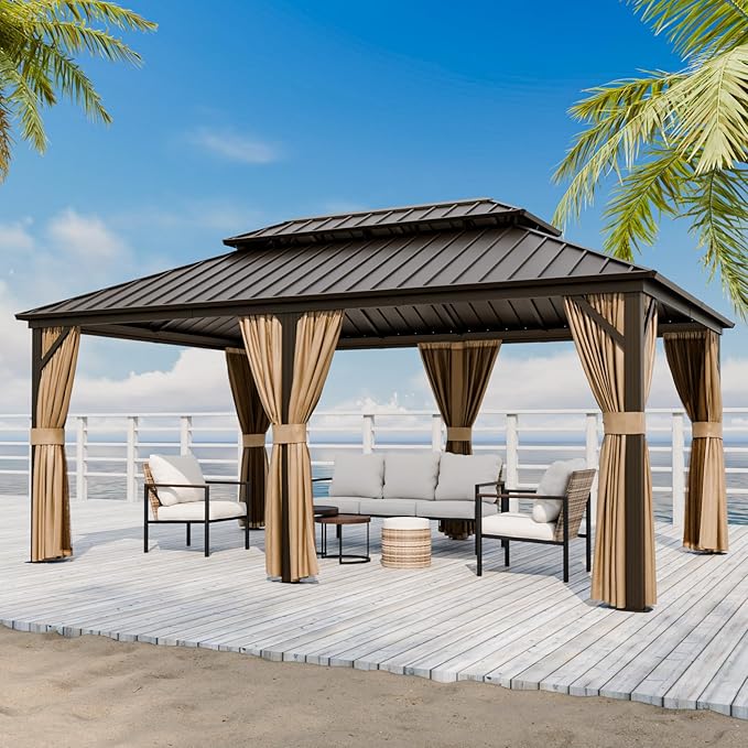COOS BAY 12x18 Hardtop Gazebo with Aluminum Frame, Galvanized Steel Double Roof Outdoor Pavilion with Netting and Curtains, Dark Brown/Tan