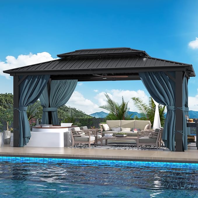 HOTEEL 10x15 Hardtop Gazebo with Flame-Retardant Curtain & Netting, Hot Tub Gazebo with Galvanized Steel Double Roof, Heavy Duty Permanent Pavilion Outdoor for Patio, Frame Thickened, Black(Upgraded)