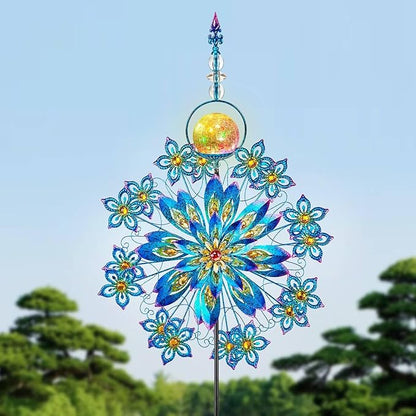 Kircust Large Solar Wind Spinner with Glass Ball - Peacock Themed Kinetic Garden Art, Dual Spinning Metal Decor for Outdoor Yard, Lawn, or Patio in Elegant Peacock Blue