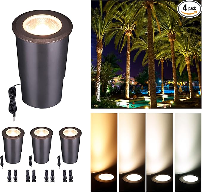 In Ground Landscape Lighting Low Voltage - 2700K-5000K 5 Color Selectable IP67 LED Well Lights, Outdoor 12V Open Top in-Grade Light, ORB Aluminum for Lawn Driveway Garden 9W 700LM 4 Pack