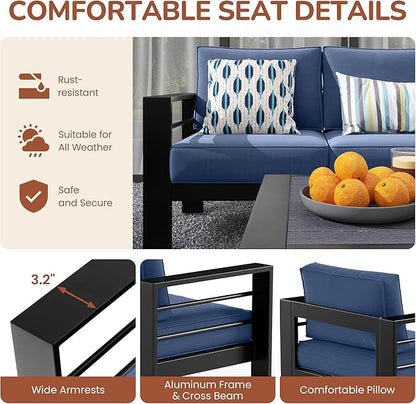 Solaste Outdoor Aluminum Furniture Set - 4 Pieces Patio Sectional Chat Sofa Conversation Set with Table,Black Frame and Blue Cushion