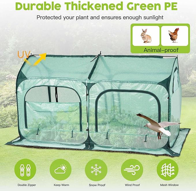 Pop up Greenhouse Tent Cover Tunnel Plant House,Large Gardening Flower Sunshine Room with Mesh Windows,Backyard PE Greenhouse Cover for Cold Frost Protector with Stakes and Rope Guys