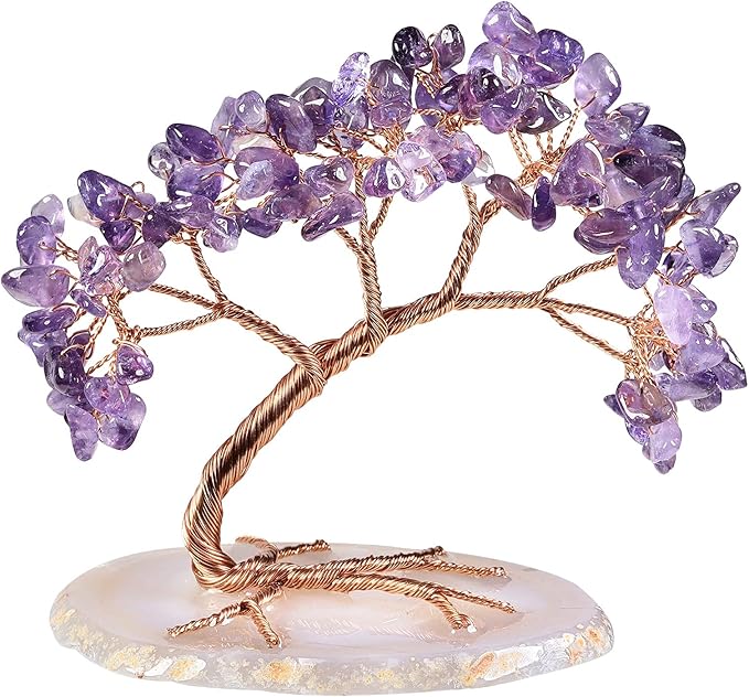 TUMBEELLUWA Reiki Crystal Money Tree with Agate Slice Base Feng Shui Stone Bonsai Tree Figure Decor for Happiness Good Luck and Wealth, Amethyst