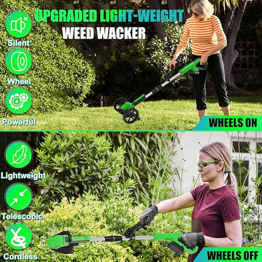 Electric Weed Wacker Cordless Eater Battery Powered Weed Trimmer, with 2Pcs 21V Battery 5 Types Blades Lightweight Grass Trimmer Edger Lawn Tool, Push Wheeled No-String Trimmer for Garden Yard