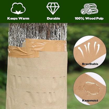 328 Ft Paper Tree Wrap for Damaged Bark, 3.15" Weather Resistant Tree Trunk Protectors Wraps to Protect Bark Tree Bark Repair Wrap Bandage with 2pcs Tape for Frost, Sun and Deer Animals