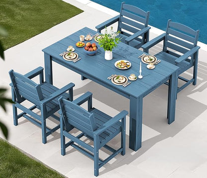 SERWALL HDPE Dining Set for 4, Outdoor Dining Sets for 4 Person with 1 Umbrella Hole Cut-Out Rectangular Table and 4 Chairs, Patio Dining Sets Blue