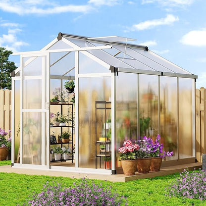 6 x 8 FT Greenhouse, Heavy-Duty Polycarbonate Large Walk-in Greenhouse Roof Vent ,Aluminum Frame & Lockable Door, for Backyard, Green Houses for Outside Garden Backyard