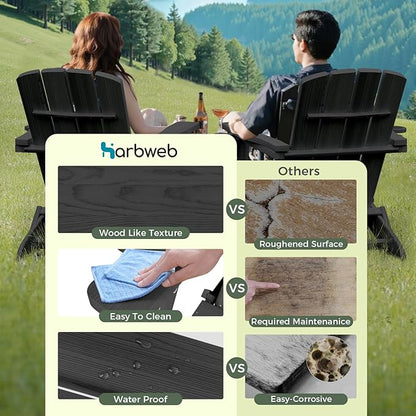 Folding Adirondack Chair Wood Texture 4 Pack, HDPE All-Weather Fire Pit Chairs, Plastic Adirondack Chairs with 2 Cup Holder, Outdoor Lawn Chair for Patio Garden (Black)