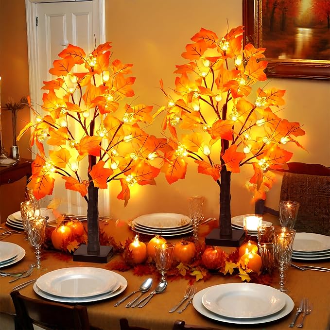 2 Pack 24 Inch Artificial Lighted Fall Maple Tree Thanksgiving Decorations with 48 LEDs Battery Operated Timer Prelit Acorn Maple Tree Lights for Thanksgiving Table Decor Home Indoor Autumn Harvest
