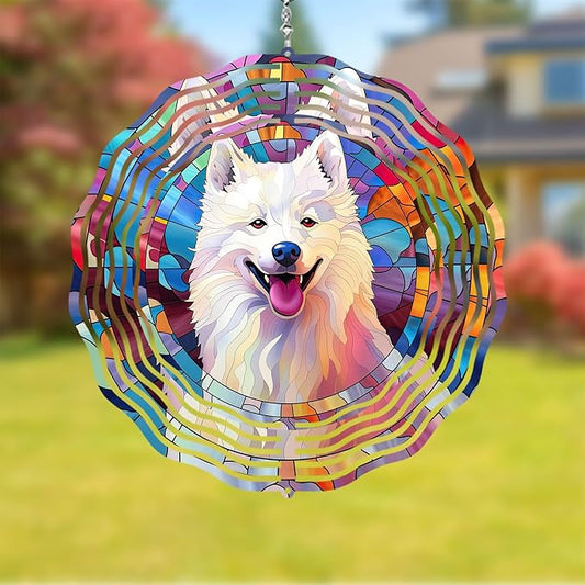 Samoyed Wind Spinner Pet Dog Memorial Gifts 3D Aluminum Metal Kinetic Hanging Wind Sculpture Spinners for Yard and Garden Indoor Outdoor Window Garden Decoration 8 Inch (Samoyed 1)