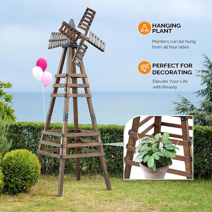 Wooden Windmill, Weather-Proof Wind Spinner, Outdoor Wind Mill for Garden Lawn Patio Decoration (Carbonized, Medium)