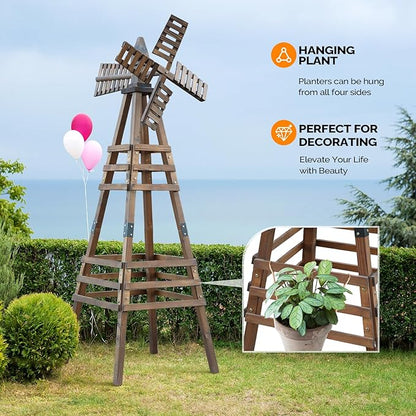 Wooden Windmill, Weather-Proof Wind Spinner, Outdoor Wind Mill for Garden Lawn Patio Decoration (Carbonized, Medium)