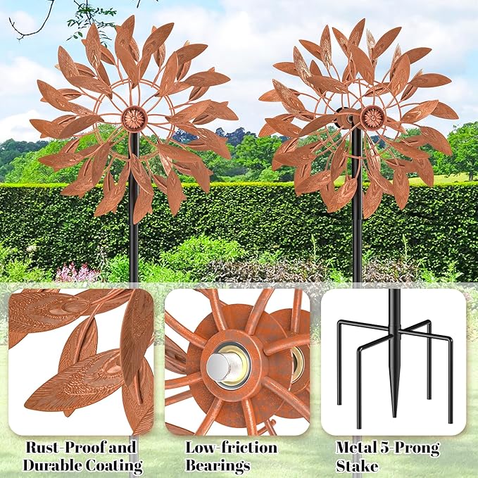 Metal Outdoor Wind Spinner, 2-Way Wind Sculpture Spinner with Metal Stake, Waterproof 360 Degrees Kinetic Windmill Art Decoration for Patio Garden Lawn (Rust)