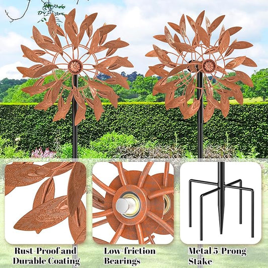Metal Outdoor Wind Spinner, 2-Way Wind Sculpture Spinner with Metal Stake, Waterproof 360 Degrees Kinetic Windmill Art Decoration for Patio Garden Lawn (Rust)