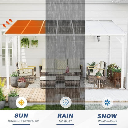 MEISSALIVVE 10' x 14' Wall Mounted Lean to Metal Awnings with Sloped Roof, Outdoor Patio Gazebo Awning for Backyard, Deck, White