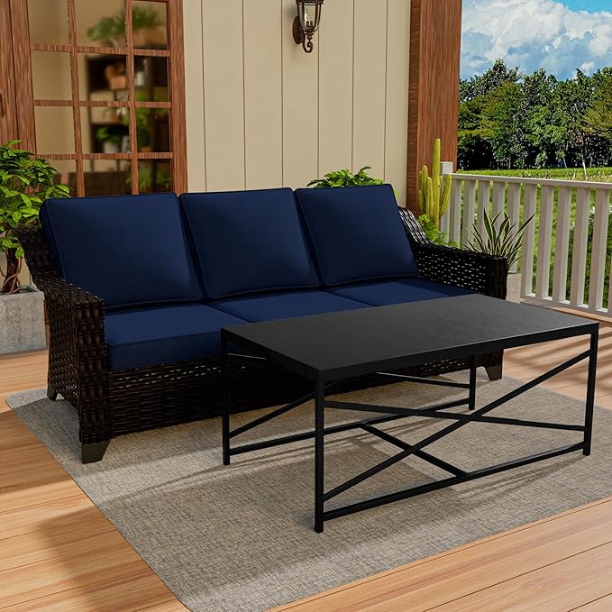 Vista Vibe 2 Pieces Outdoor Patio Conversation Furniture Set - 78" 3-seat Sofa | Metal Coffee Table, Deep Seat Loveseat, Removable Cushions, Hand-Woven PE Rattan Couch, Lawn (Brown/Navy)