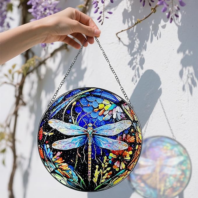 8 Inch Stained Glass Suncatcher Ornament, DOUHASU Dragonfly Sun Catchers Indoor Window, Stained Glass Window Hanging, Home Decor, Dragonfly Lovers Gifts for Women, Mom, Grandma, Friend
