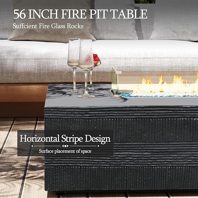 UPHA 56-inch Outdoor Propane Gas Fire Pit Table 50000 BTU Concrete Rectangle FirePit for Outside Patio with Propane Tank Cover, Wind Guad, Navyblue Fire Glass, Rain Cover, Grey Texture
