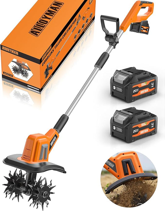 Alloyman 20V Cordless Tiller Cultivator, 360RPM Electric Garden Tiller, with 2 * 4.0Ah Batteries & Charger, 9In Tilling Width and 6.6In Depth Garden Rototiller for Lawn/Gardening/Soil Cultivation
