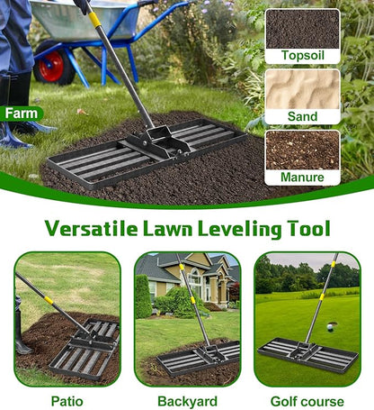 Lawn Leveling Rake 30x10 Inch , Heavy-Duty Yard Leveling Rake 6.2FT Leveler Tool for Soil, Sand & Topsoil, Backyard, Garden, Golf Course